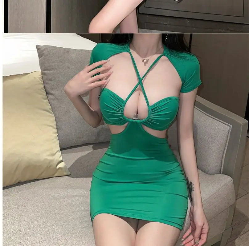 Sexy Spicy Girl Hollow Back Show Chest Hanging Neck Dress Summer Unique and Unique Tight Show Slim Wrap Hip Short Skirt
