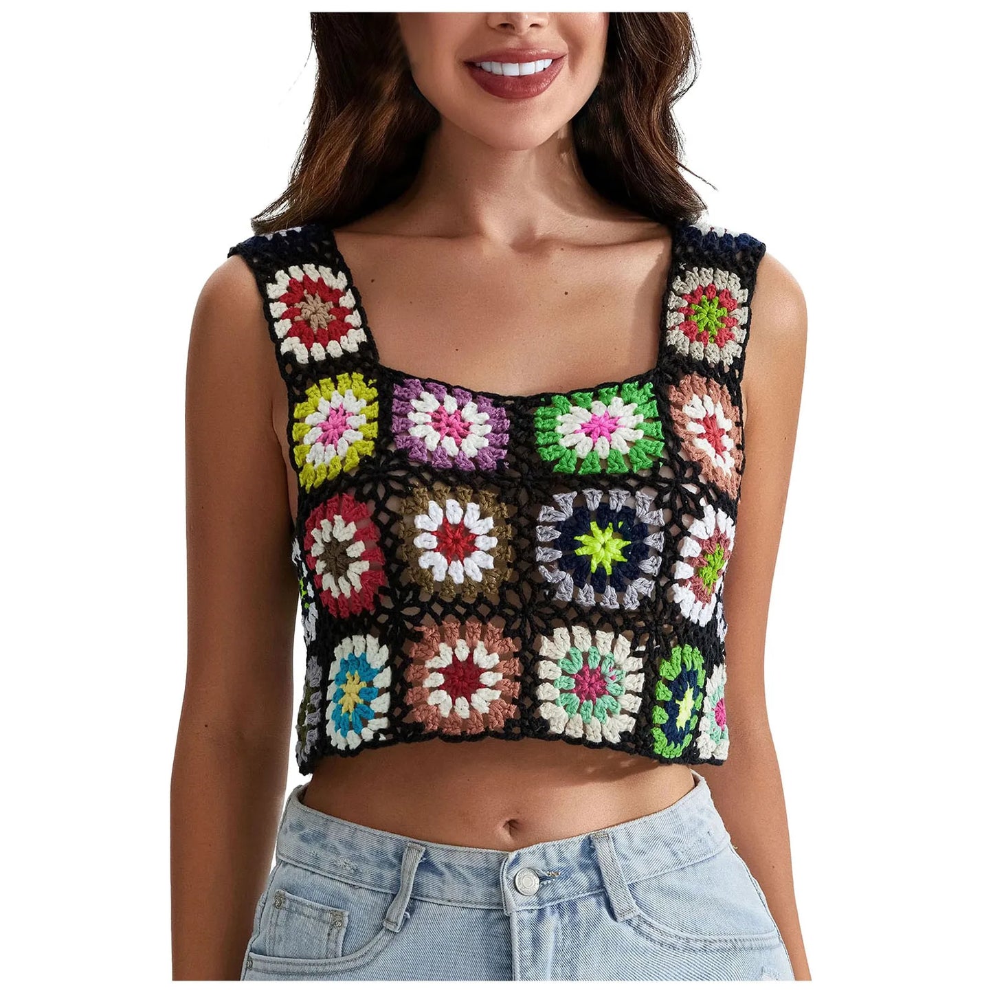 Womens Crochet Tank Top With Tassels Cover Ups Knit Colorful Floral Embroidery Summer Backless Camisole Fashion Casual Bohemian