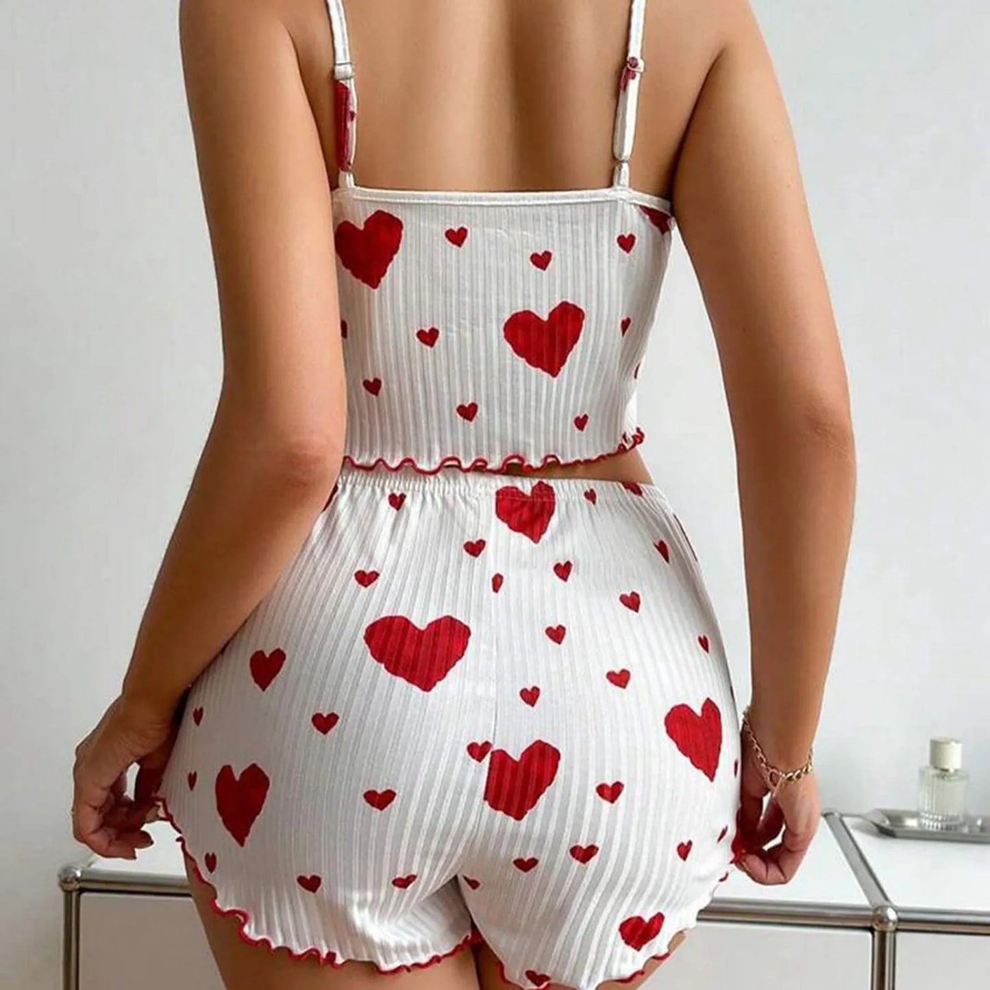 Heart Print Women's Pajamas Set Sleepwear 2 PCS Short Tank Tops and Shorts Sets Ventilate Soft Casual Love Sleeveless Home Suit