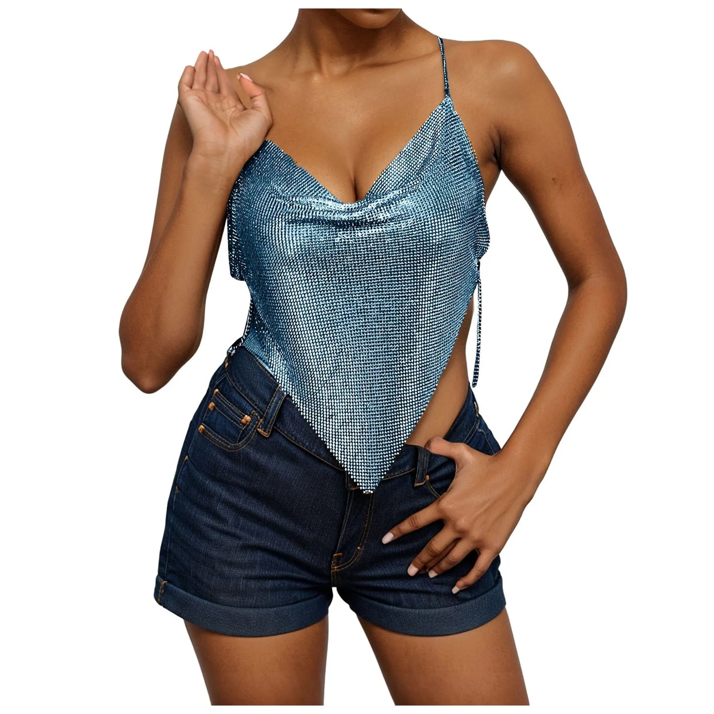 Women's Fashion Sequin Camisole Carnival Swing Neck Single Breasted Sexy Cropped Tops Hot Girls Hip Hop Backless Tank Tops