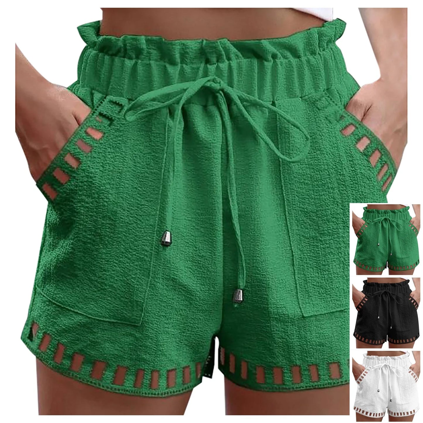 Cotton Linen Shorts Women'S Pants Solid Color Thin Hollow Out Design Trim Pocket Tight Waist Shorts Beachwear White Clothes