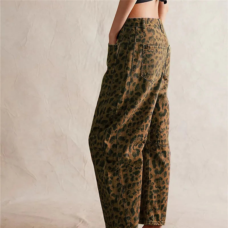 Women Leopard Barrel Jeans Y2k Cheetah Printed Baggy Boyfriend Jeans Mid Rise Wide Leg Denim Pants Horseshoe Jeans