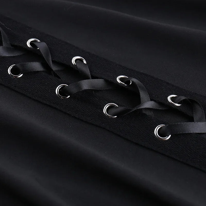 Grunge Streetwear Zwarte Bandage Broek Cyber Gothic Punk Hollow Out Flare Broek Vrouwen Emo Hoge Taille Sexy Alt Bottom