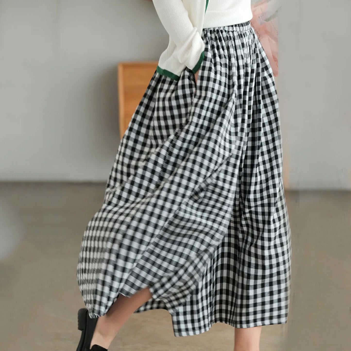 2024 Summer New Culotte Pants High Waist Pleated Slanted Pocket A-Shaped Wide Leg Covering Span Checkered Printing Trousers