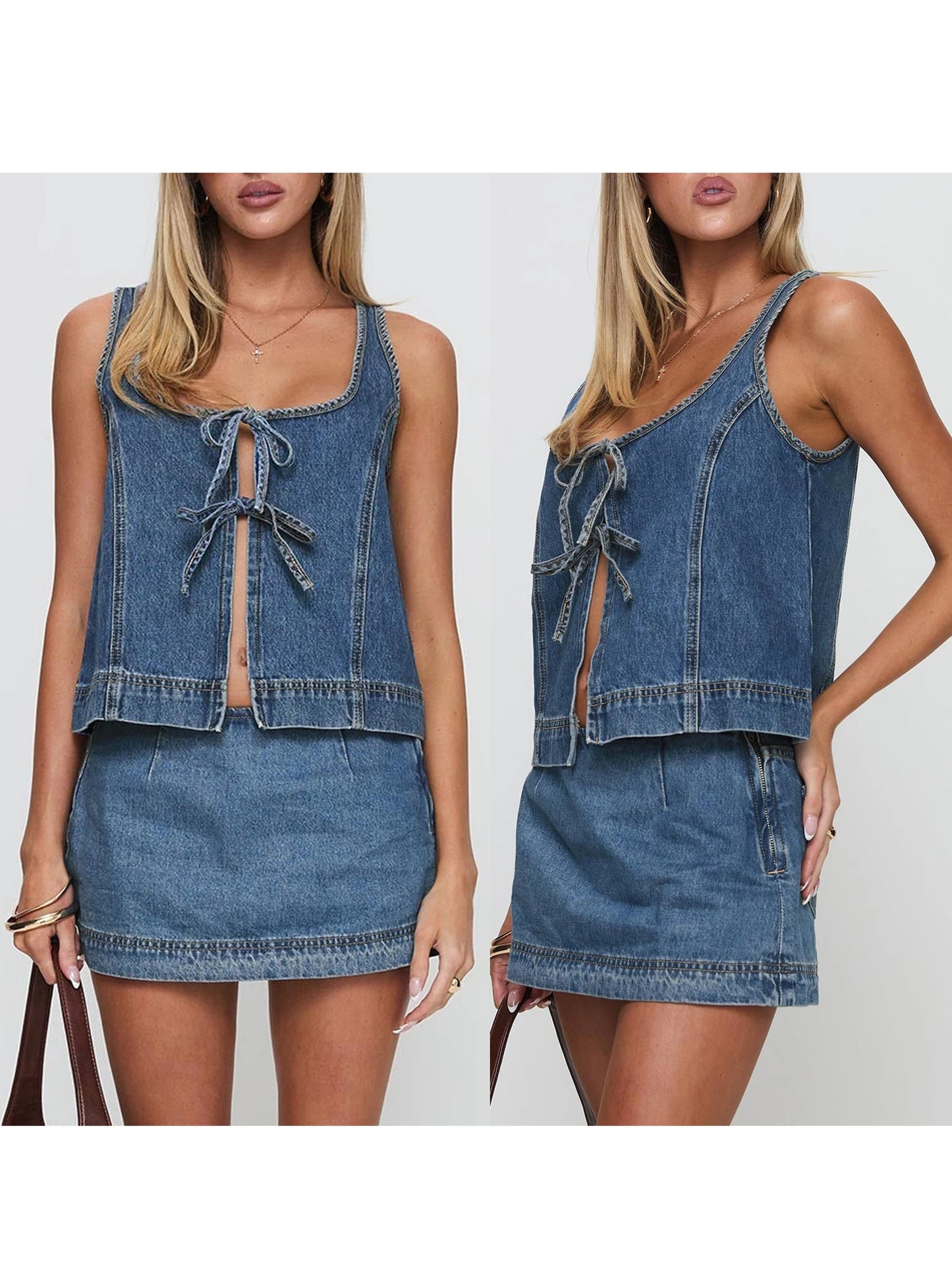 Stylish Women s Denim Co-ord Set with Sleeveless Tie-up Top and Mini Skirt - Perfect for Clubwear and Nights Out