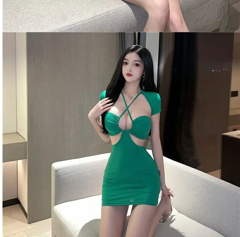 Sexy Spicy Girl Hollow Back Show Chest Hanging Neck Dress Summer Unique and Unique Tight Show Slim Wrap Hip Short Skirt