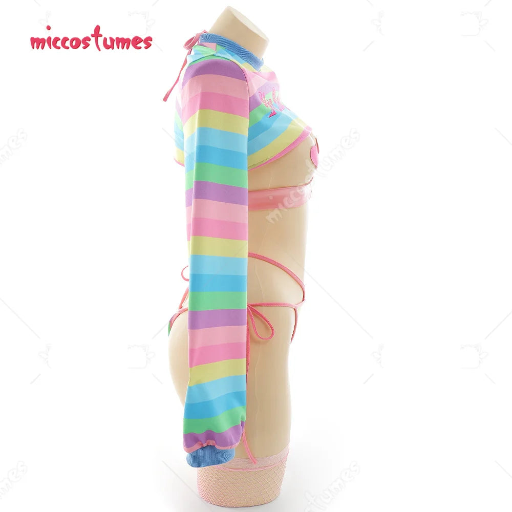 Women Sexy Cosplay Lingerie Rainbow Stripe Long Sleeve Short Tops and Panty with Stockings Sleepwear Sexy Costumes