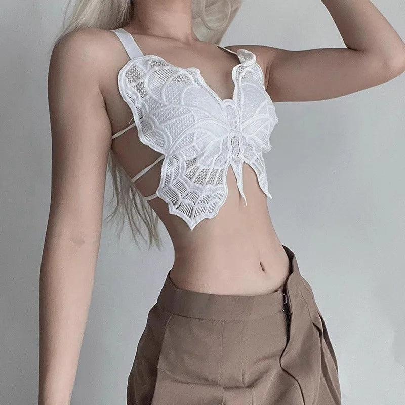 Summer Lace Butterfly Slim Sexy Exposed Navel Padded Camisole TankTop