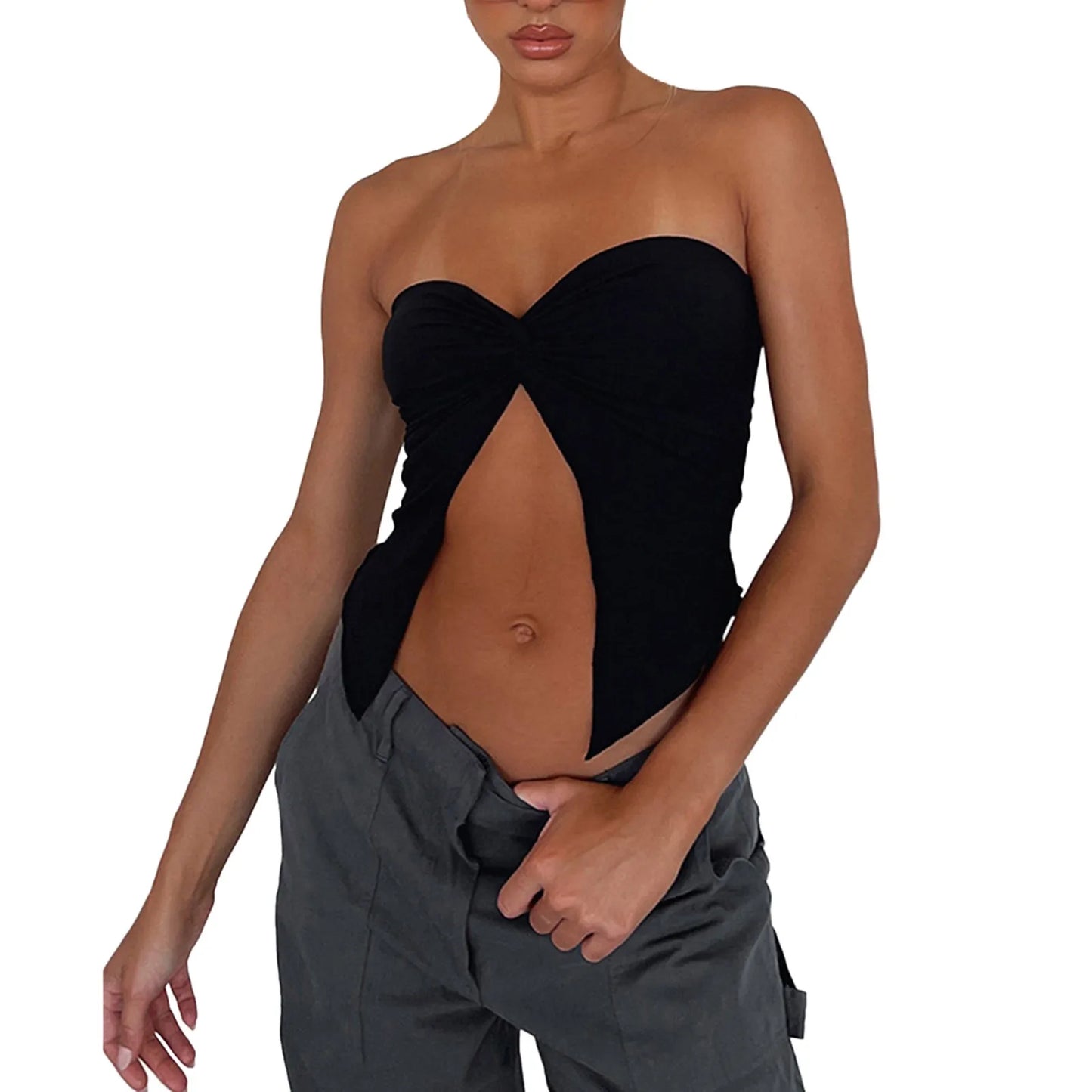 Ruched Strapless Bandeau Crop Top – Casual Backless Tube Top for Women