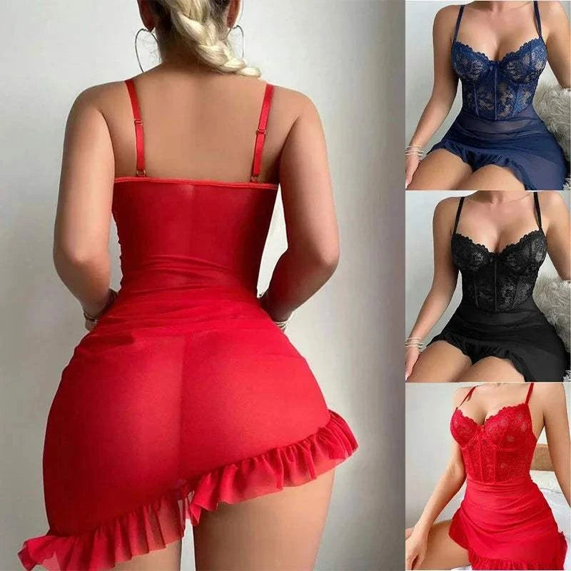 Transparent Underwire Bra Sexy Lace Fairy Lingerie Set Women Exquisite Sexy Lace Pajama Set Delicate See Through Lace Nightdres