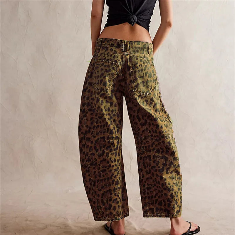 Women Leopard Barrel Jeans Y2k Cheetah Printed Baggy Boyfriend Jeans Mid Rise Wide Leg Denim Pants Horseshoe Jeans