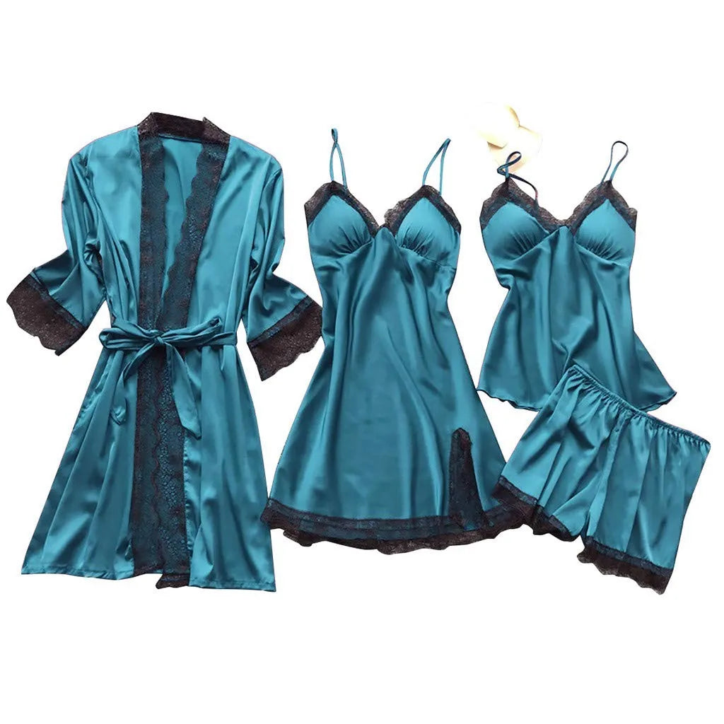 Women’s 4-Piece Satin & Lace Nightwear Set – Camisole, Shorts, Nightdress & Robe