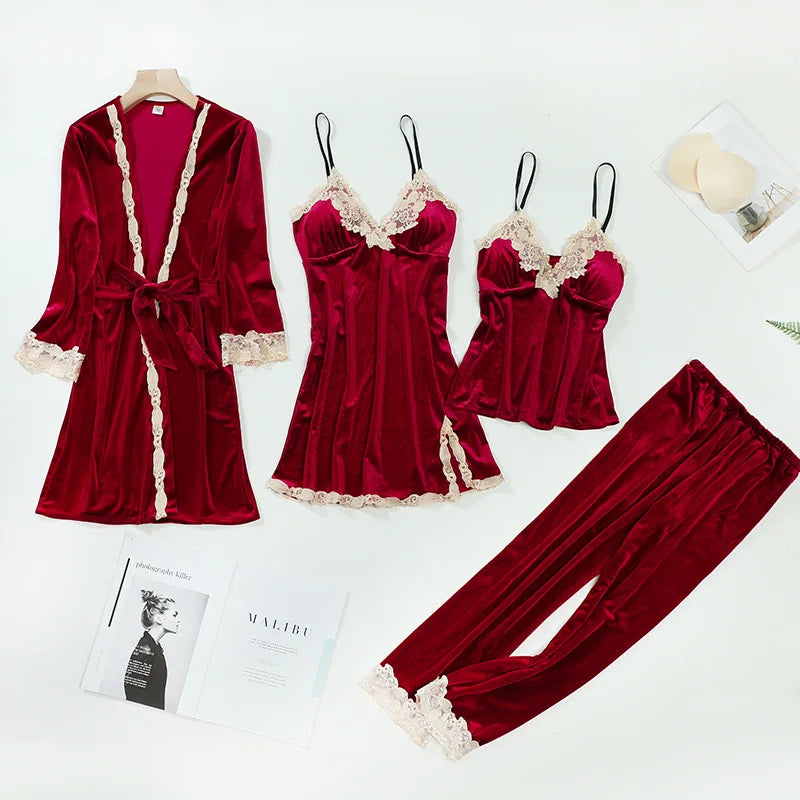Women’s 4-Piece Velour & Lace Velvet Pajama Set – Long-Sleeve Intimate Homewear