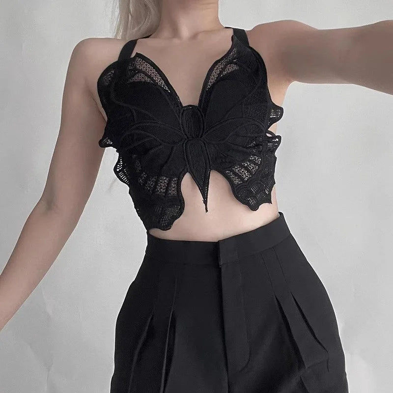 Summer Lace Butterfly Slim Sexy Exposed Navel Padded Camisole TankTop