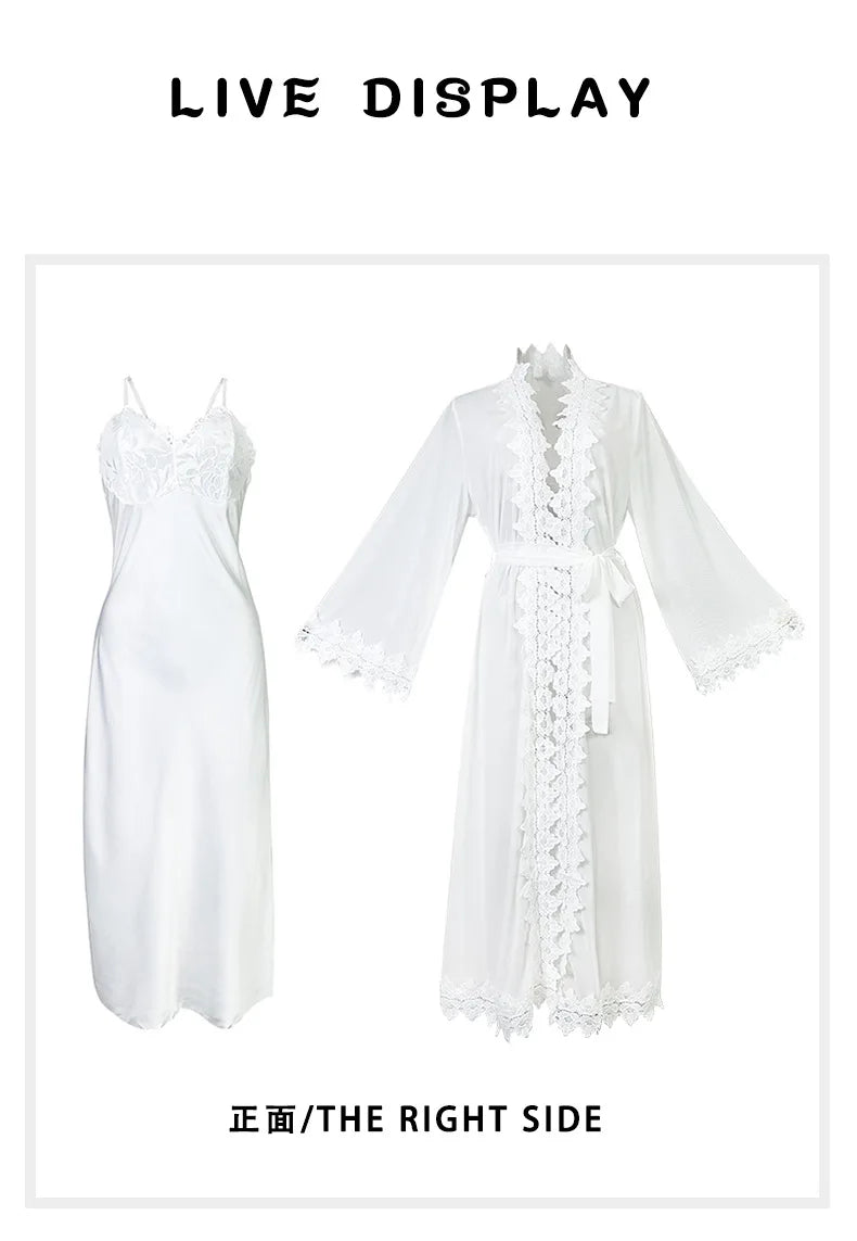 Sexy Sheer Mesh Robe Bride Wedding Robe Suit 2Pcs Lace Patchwork Night Dress Long Chemise Sleepwear Satin Lingerie Pajamas