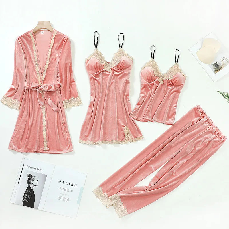 Women’s 4-Piece Velour & Lace Velvet Pajama Set – Long-Sleeve Intimate Homewear