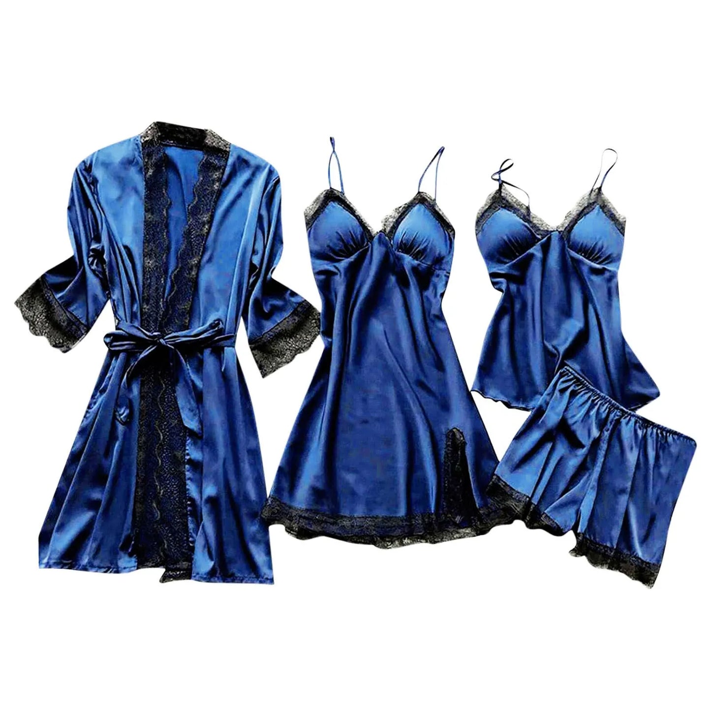Women’s 4-Piece Satin & Lace Nightwear Set – Camisole, Shorts, Nightdress & Robe
