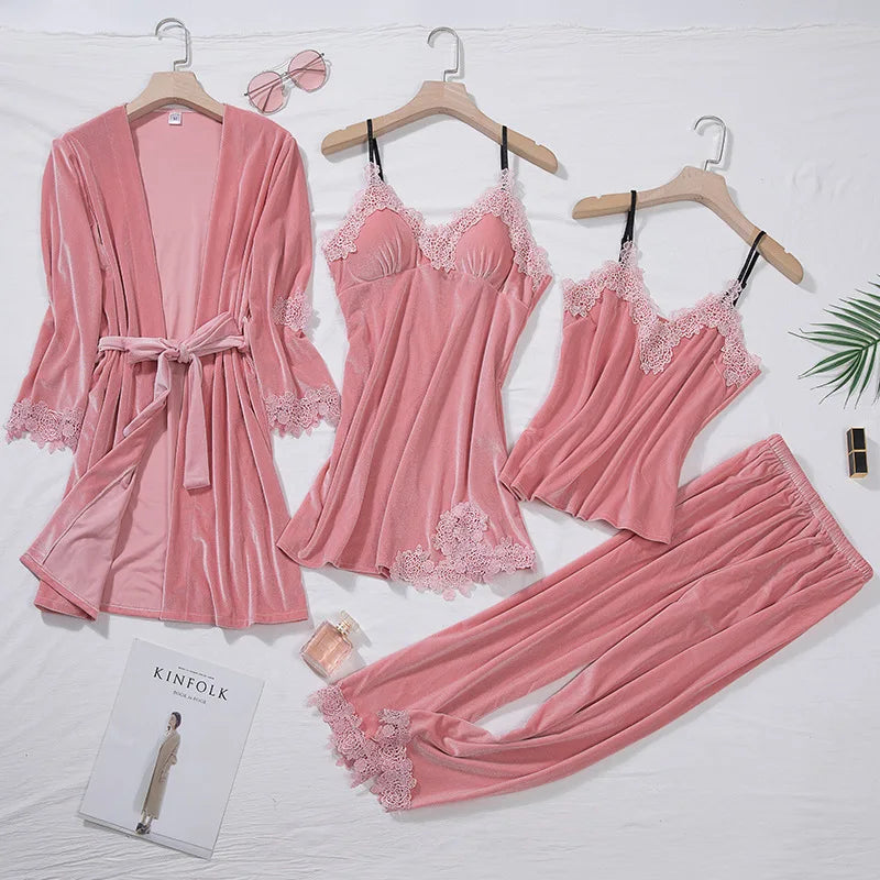 Women’s 4-Piece Velour & Lace Velvet Pajama Set – Long-Sleeve Intimate Homewear