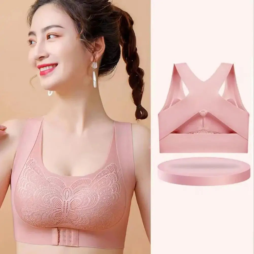 Front-Closure Wireless Posture Support Sports Bra – Breathable Cross-Back Comfort Underwear