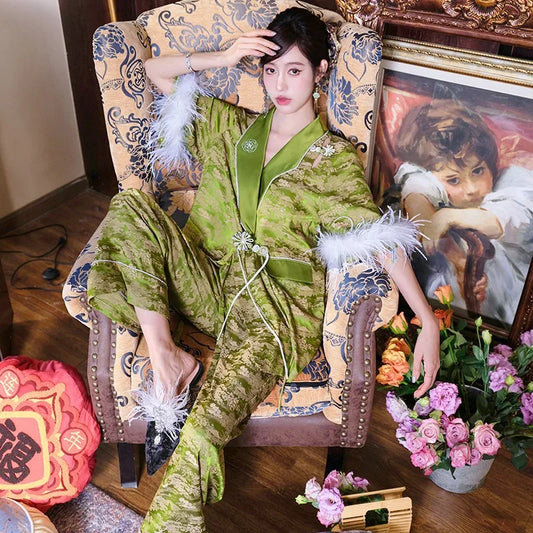 Women’s Vintage Embroidered Ice-Silk Cardigan & Nightshirt Two-Piece Set – Green Feathers Luxury Homewear