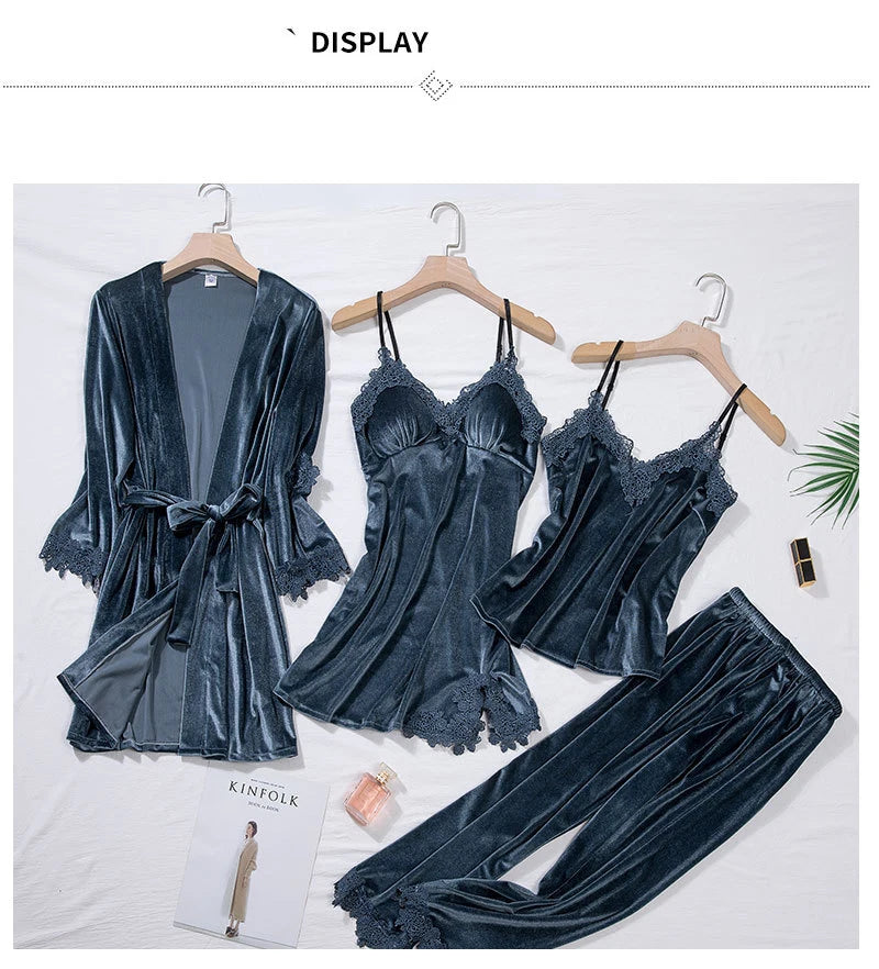 Women’s 4-Piece Velour & Lace Velvet Pajama Set – Long-Sleeve Intimate Homewear