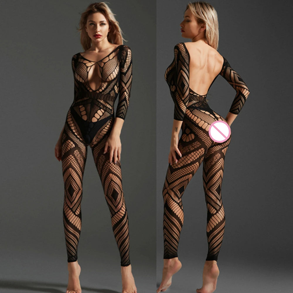 Plus Size Halter Fishnet Bodystocking Bodysuit with Open Crotch – Sexy Lingerie Costume