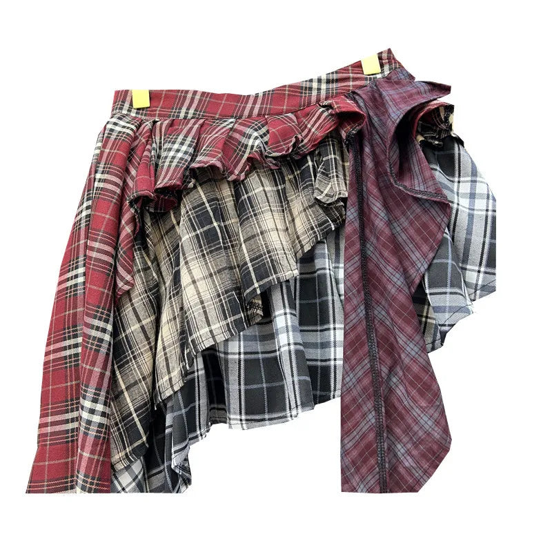 Y2K Women's Skirt Irregular Plaid Patchwork Large Size Summer Spice Girl Design A-line Skirt Trendy Pleated Streetwear Harajuku