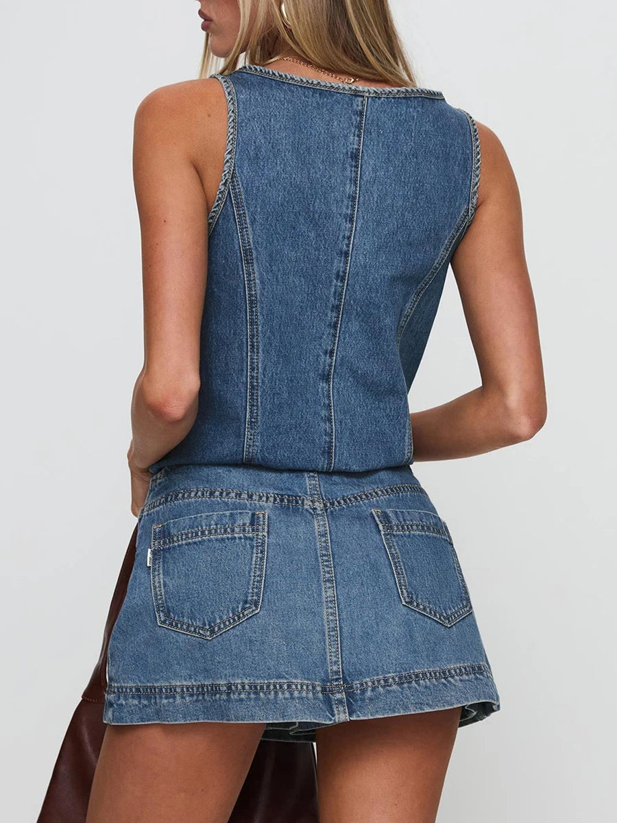 Stylish Women s Denim Co-ord Set with Sleeveless Tie-up Top and Mini Skirt - Perfect for Clubwear and Nights Out