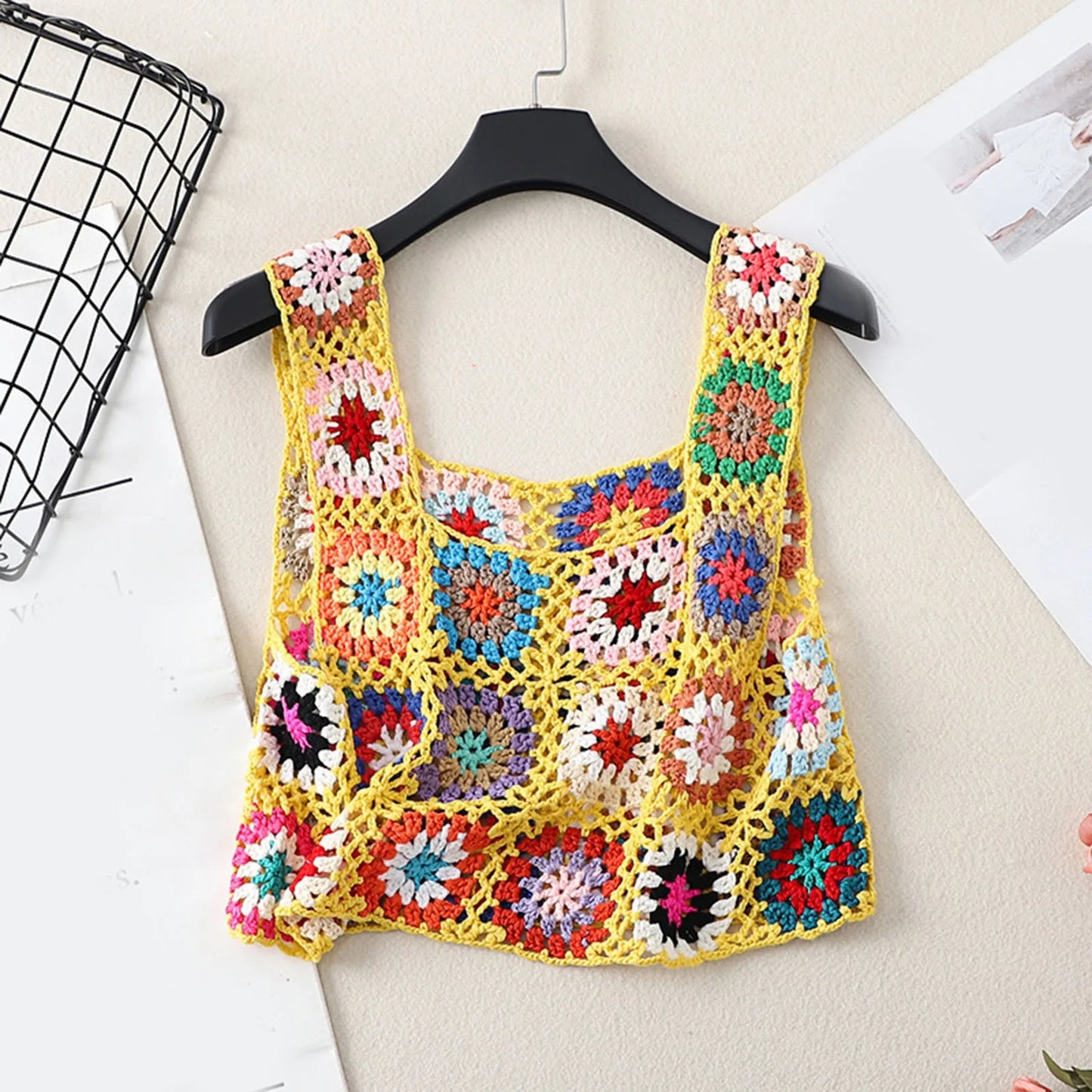 Womens Crochet Tank Top With Tassels Cover Ups Knit Colorful Floral Embroidery Summer Backless Camisole Fashion Casual Bohemian