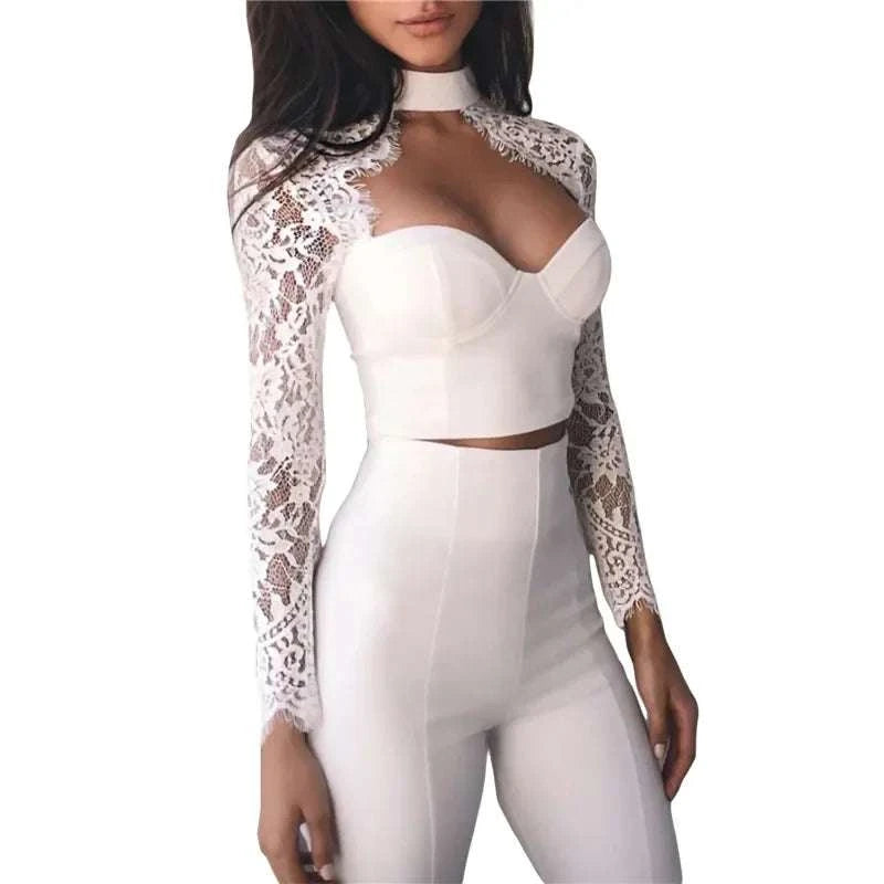 Sexy Lace Patchwork Tops For Women Long Sleeve Push Up See-through Crop Tops Ladies Summer Spring Low-cut Slim Blouses