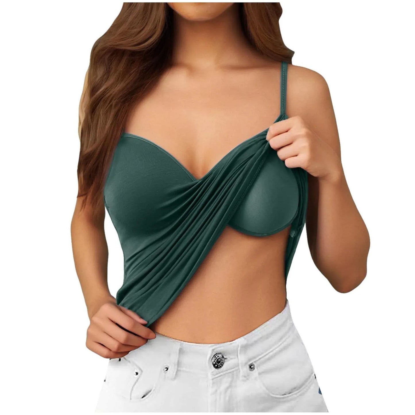 Plus Size Lace Camisole Top with Built-In Bra – Casual Solid Color Spaghetti Strap V-Neck Tank for Women
