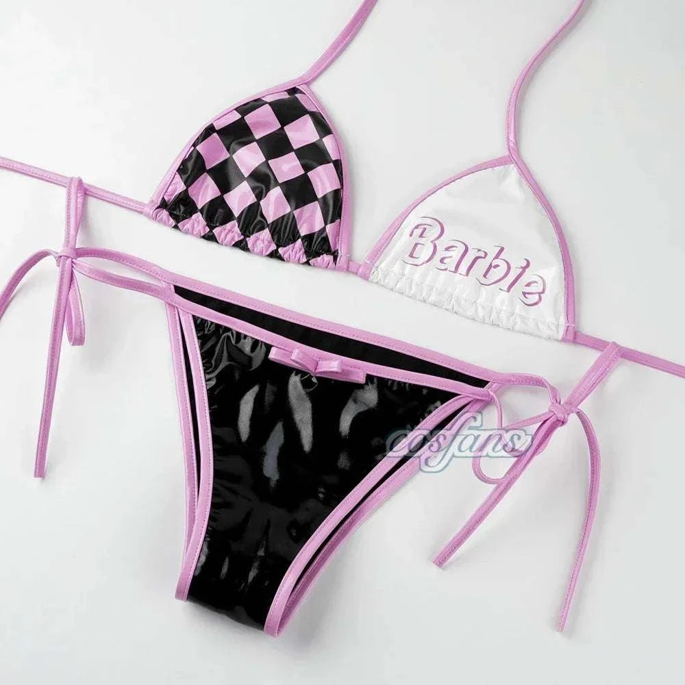 Women Three Point Underwear Set Cosplay Costume Barbie Cute Girl Pink Black Plaid Bikini Swimsuit