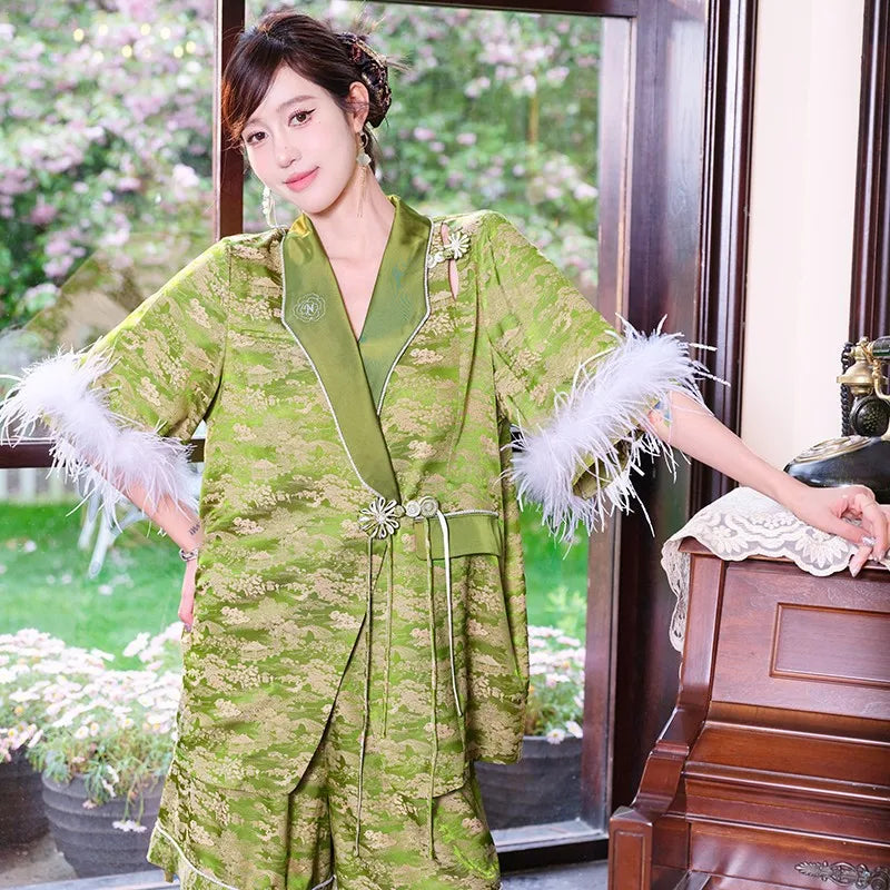 Women’s Vintage Embroidered Ice-Silk Cardigan & Nightshirt Two-Piece Set – Green Feathers Luxury Homewear