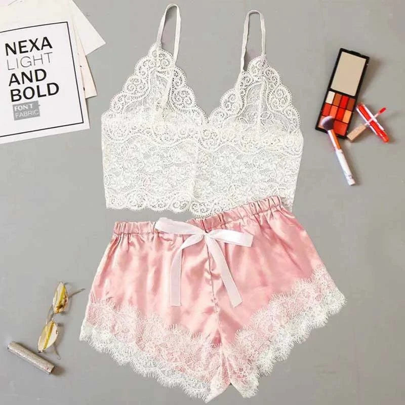 4PCS Women Pajama Suit Fashion V-Neck Stretch Silk Satin Robe Lace Sexy Lingerie Bathrobe Bowknot Pyjamas Shorts Set Sleepwear