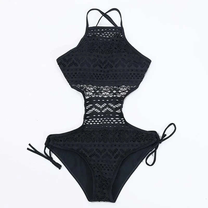 2023 Sexy One Piece Swimsuit Backless Halter Beach Swimwear Crochet Bikini Bathing Suit 2021 Black Swimming Suit For Women