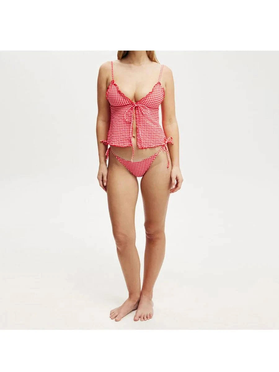 Women s Plaid Print Sleeveless Cami Top with Deep V Neckline and Front Tie-up Detail - Stylish Split Shirt for Summer