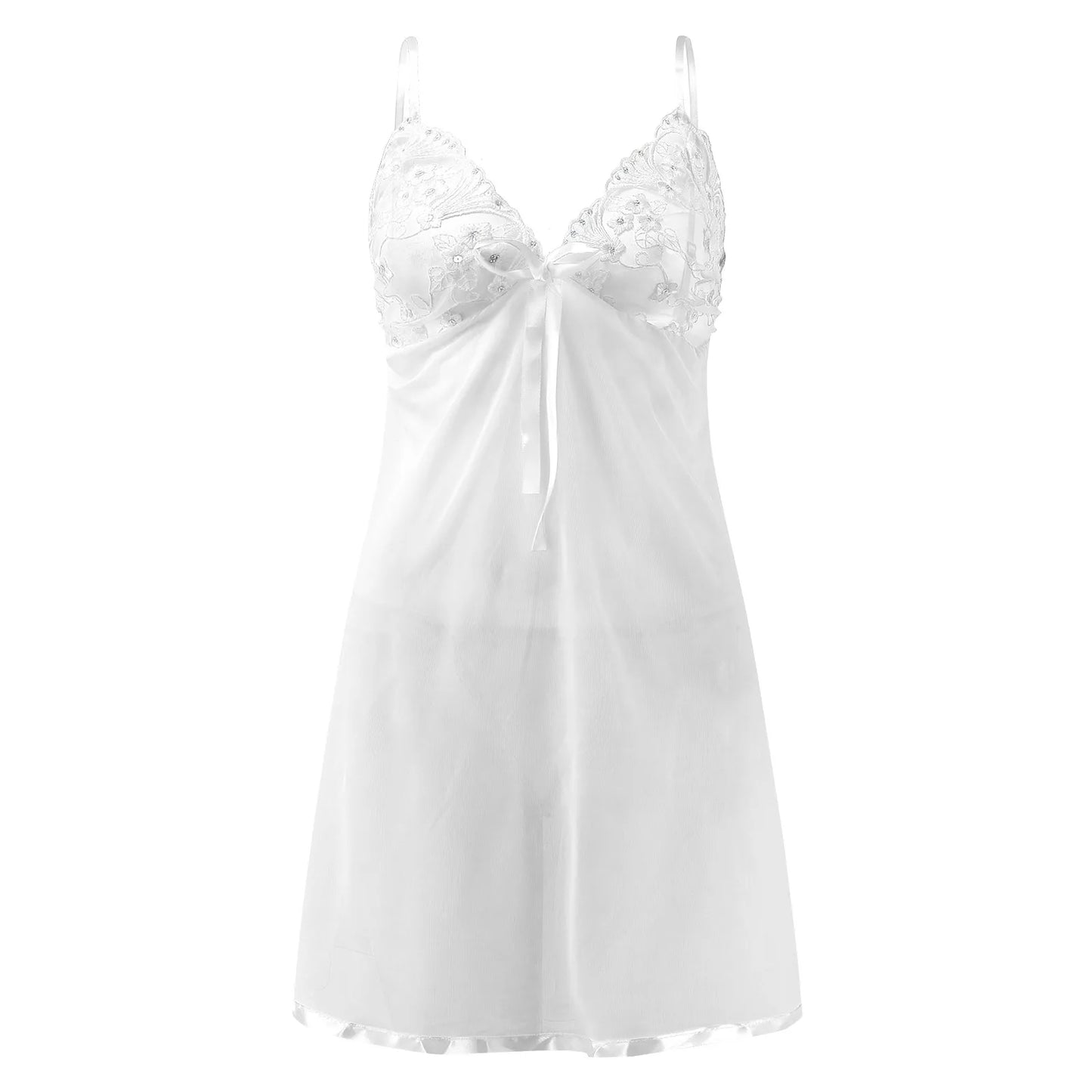 Women Ultra Thin Mesh Nightdress Honeymoon Chemise Floral Embroidered Bowknot Transparent Sexy Lingerie Nightgown With Thongs