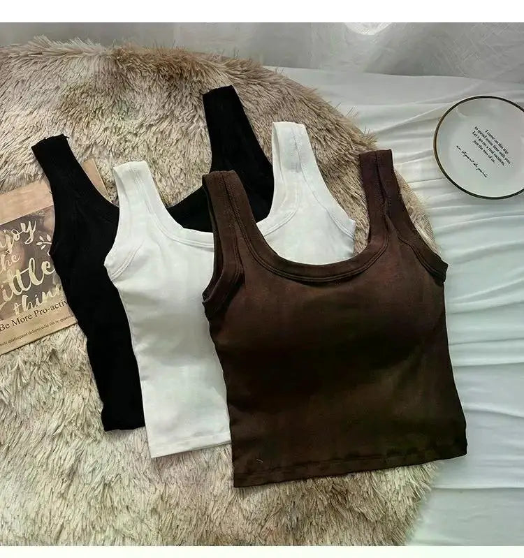 Women's Vest One-Piece No Steel Ring Cotton Chest Pad Wide Shoulder Sports Yoga Vest Underwear Black White Bra Tank Top Women
