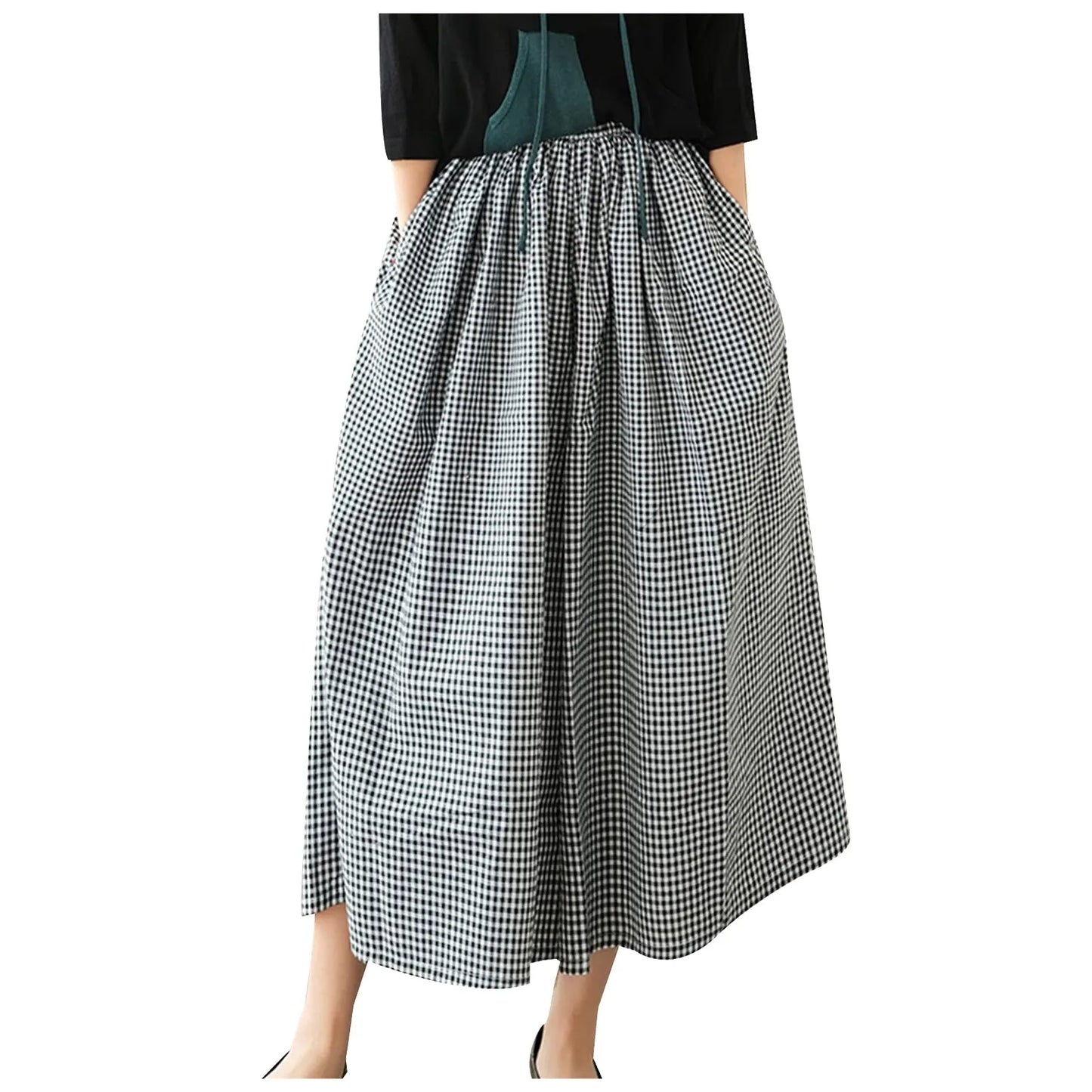2024 Summer New Culotte Pants High Waist Pleated Slanted Pocket A-Shaped Wide Leg Covering Span Checkered Printing Trousers