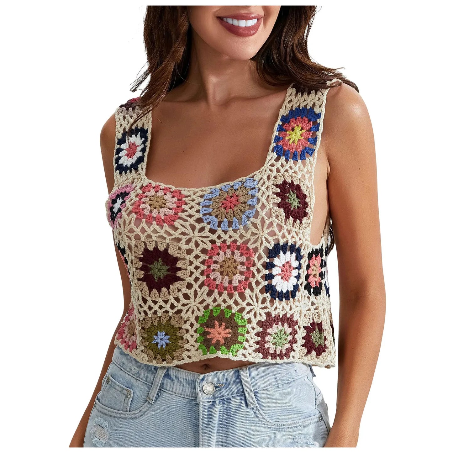 Womens Crochet Tank Top With Tassels Cover Ups Knit Colorful Floral Embroidery Summer Backless Camisole Fashion Casual Bohemian