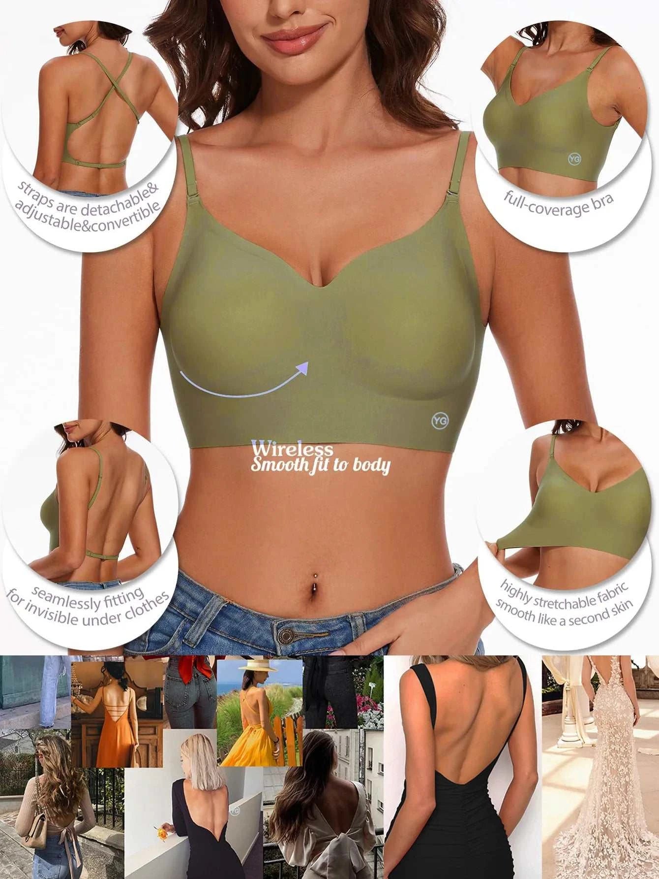 Women Invisible Bra Deep U Plunge Bras Backless Top for Dresses Sexy Lingerie with Transparent Strap Push Up Strapless Underwea