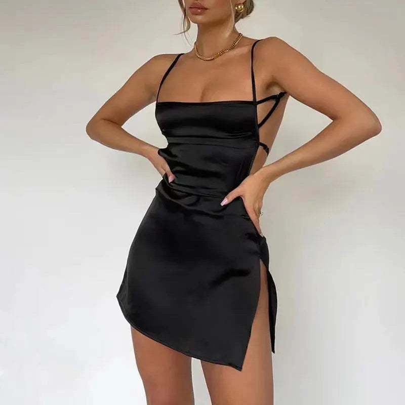 Sexy Satin Slip Backless Mini Dress Fashion Pajamas Women Summer Slit Bandage Elegant Dresses Home Casual Soft Nightdress Gothic