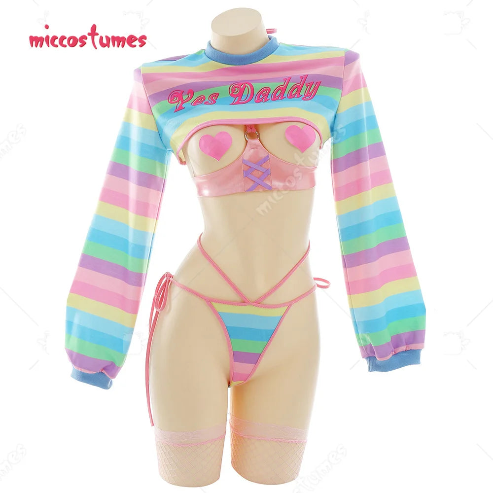Women Sexy Cosplay Lingerie Rainbow Stripe Long Sleeve Short Tops and Panty with Stockings Sleepwear Sexy Costumes