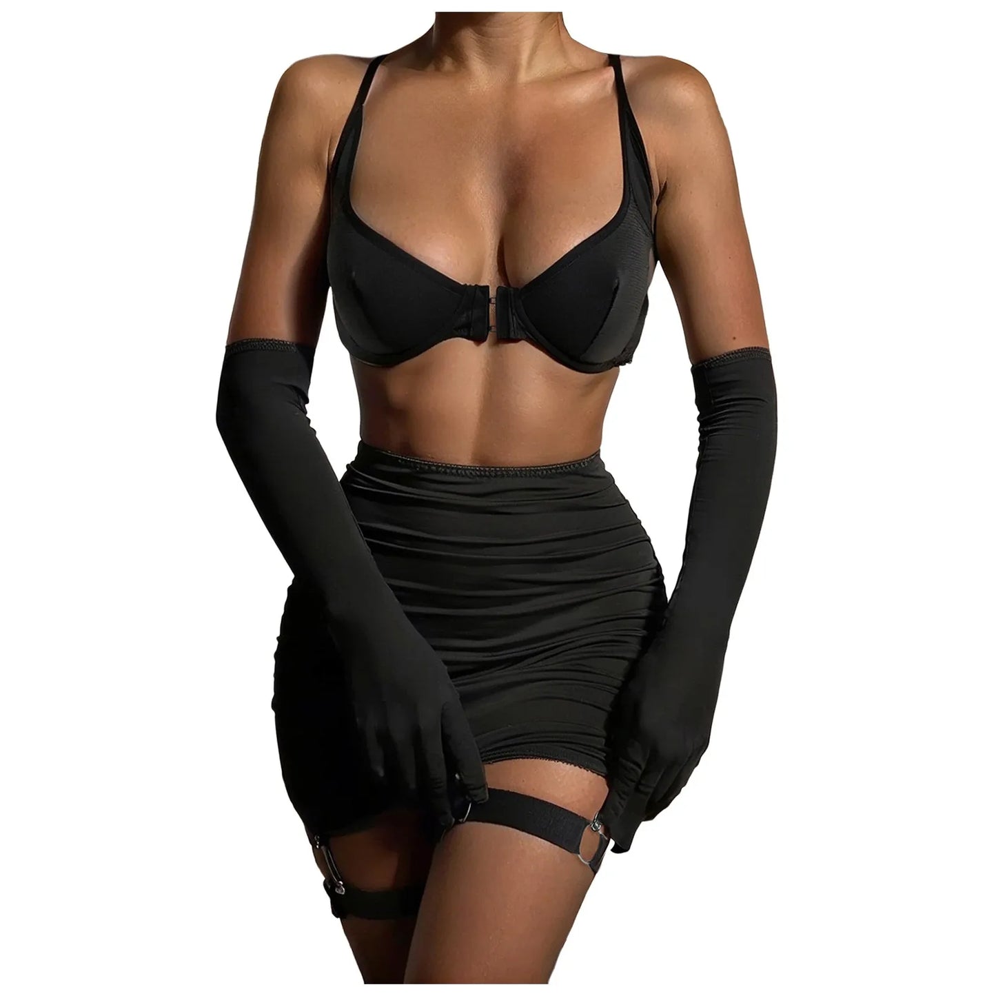 Women's Sexy Lingerie 3piece Set with Gloves Porn Underwear Set Low Cut Half Cup Bra Bodycon Skirt Roleplay Erotic Costumes