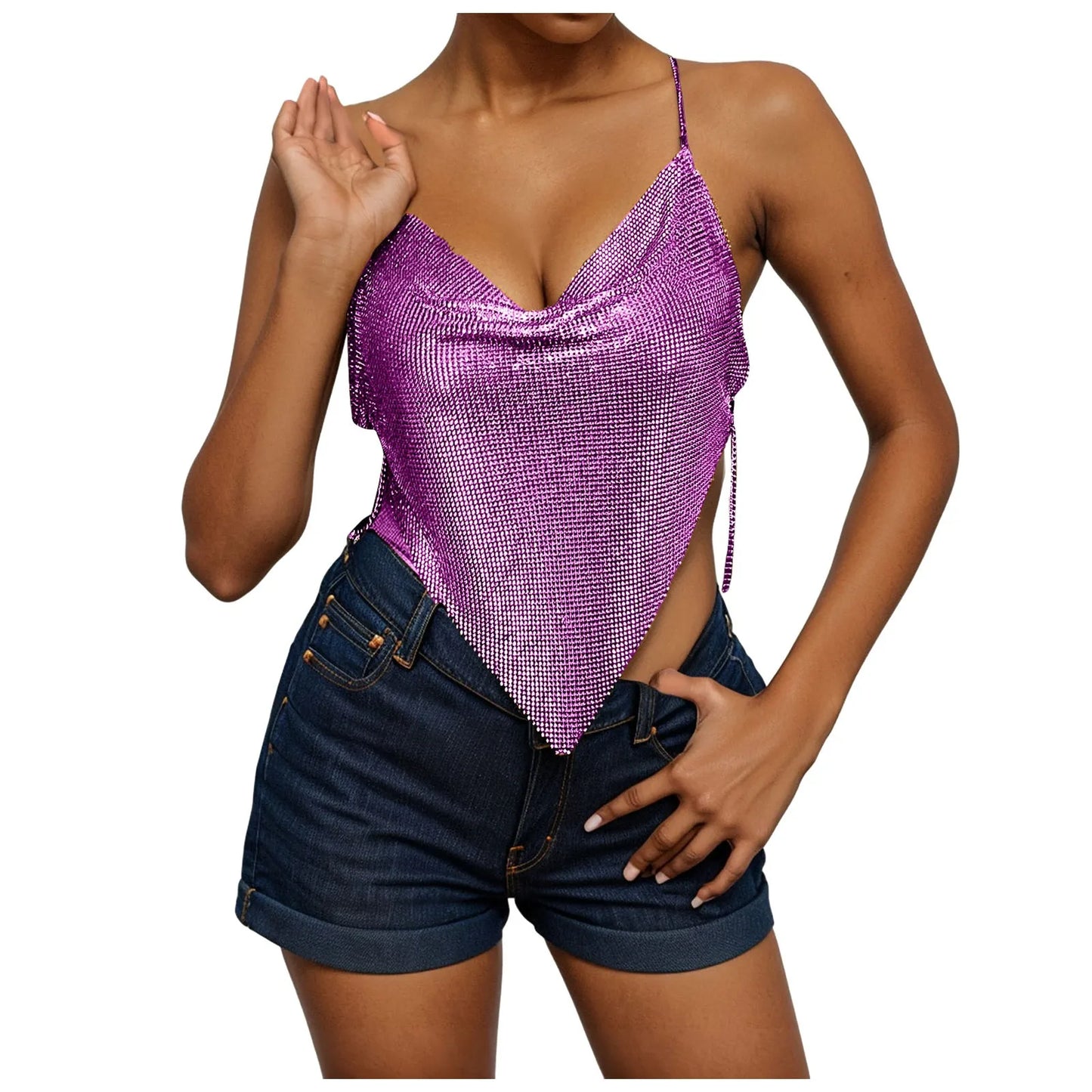 Women's Fashion Sequin Camisole Carnival Swing Neck Single Breasted Sexy Cropped Tops Hot Girls Hip Hop Backless Tank Tops