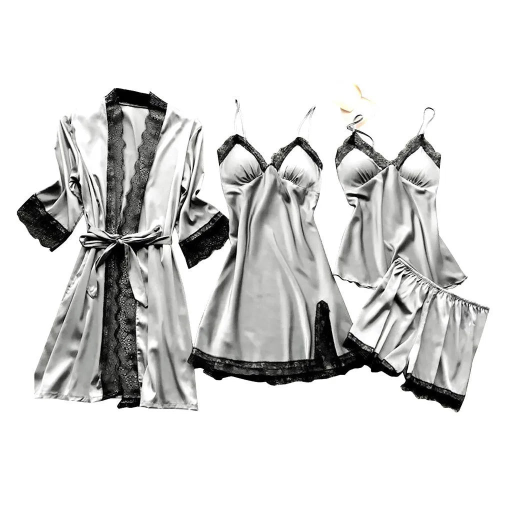 Women’s 4-Piece Satin & Lace Nightwear Set – Camisole, Shorts, Nightdress & Robe