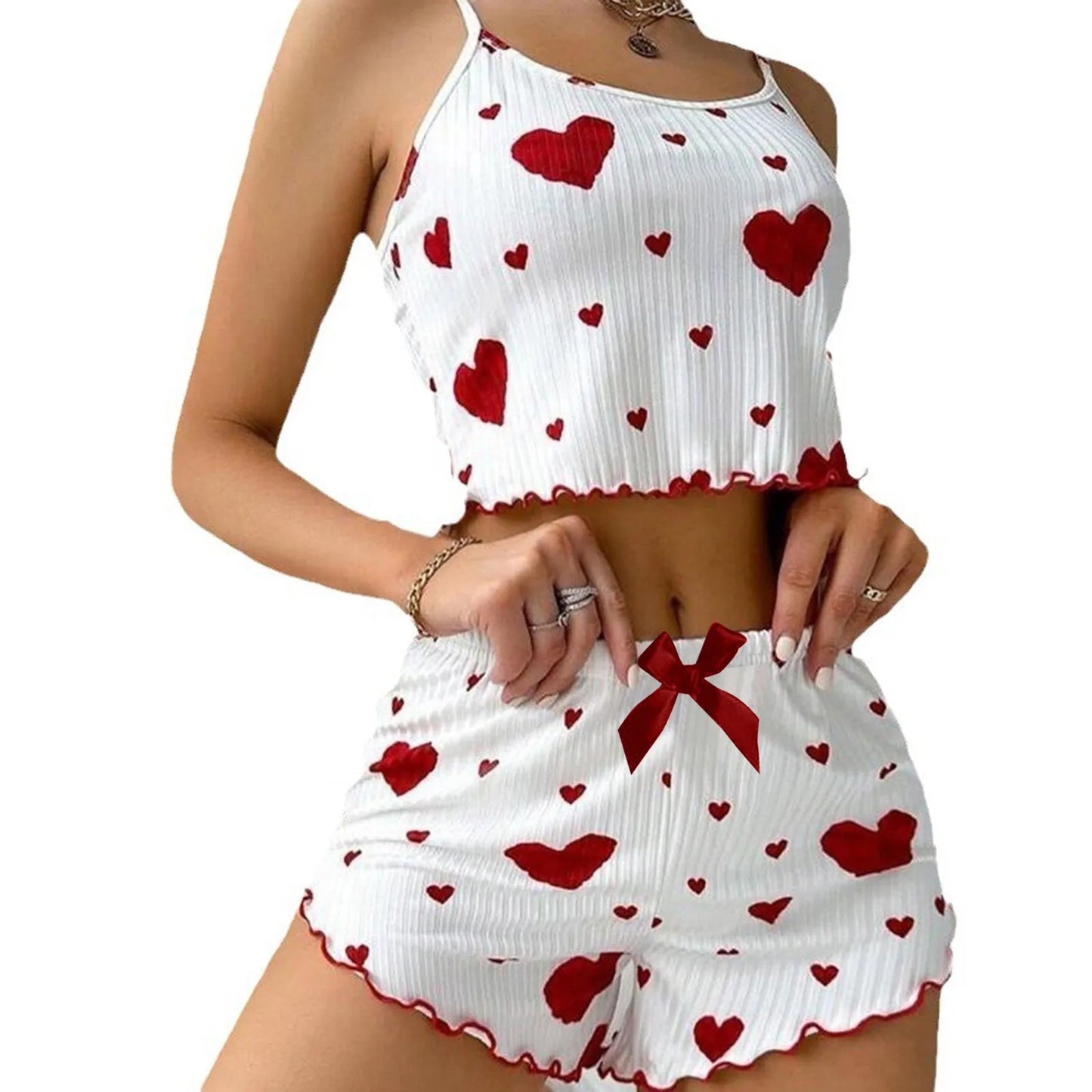 Heart Print Women's Pajamas Set Sleepwear 2 PCS Short Tank Tops and Shorts Sets Ventilate Soft Casual Love Sleeveless Home Suit