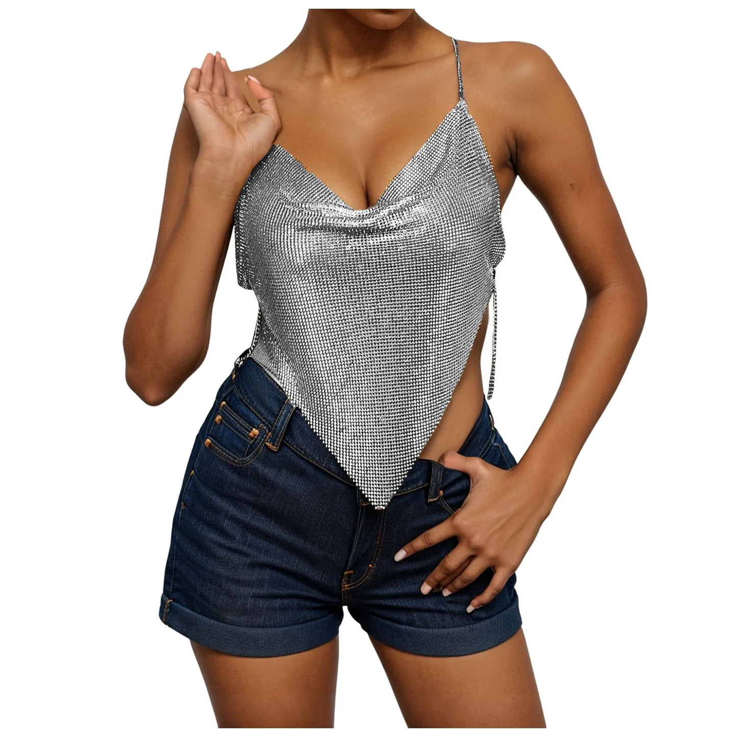 Women's Fashion Sequin Camisole Carnival Swing Neck Single Breasted Sexy Cropped Tops Hot Girls Hip Hop Backless Tank Tops