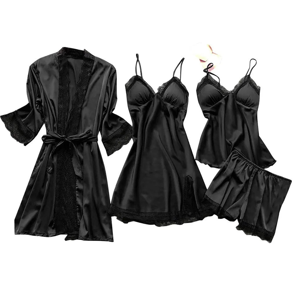 Women’s 4-Piece Satin & Lace Nightwear Set – Camisole, Shorts, Nightdress & Robe