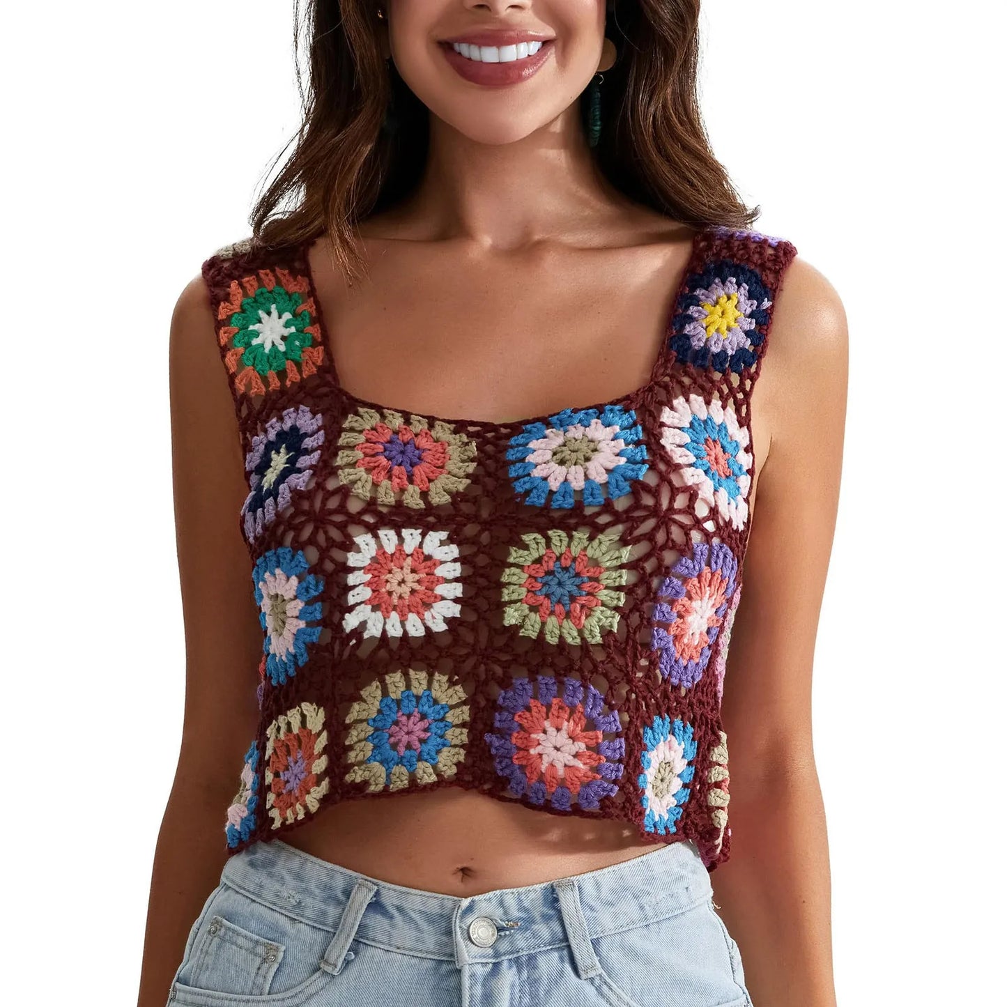 Womens Crochet Tank Top With Tassels Cover Ups Knit Colorful Floral Embroidery Summer Backless Camisole Fashion Casual Bohemian